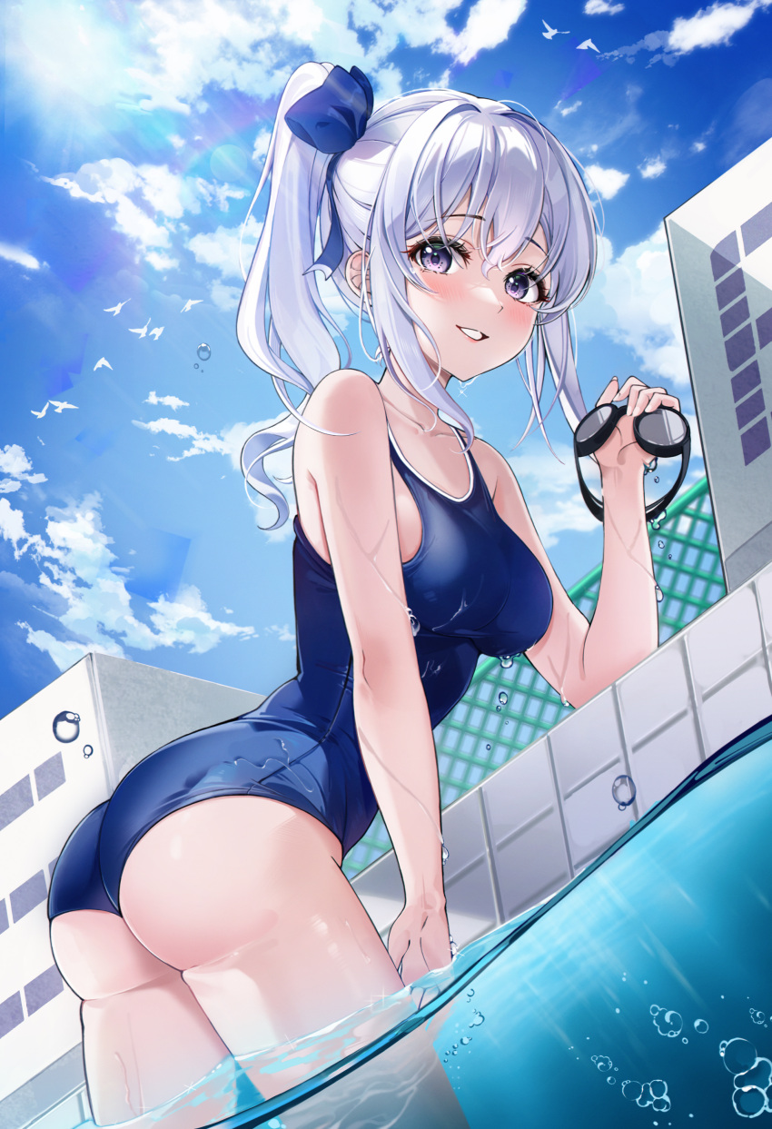 1girl absurdres ass bare_arms bare_shoulders blue_one-piece_swimsuit breasts day dutch_angle from_side goggles grin highres holding leaning lebring long_hair looking_at_viewer medium_breasts one-piece_swimsuit original outdoors ponytail pool purple_eyes sidelocks smile solo standing swimsuit thighs twisted_torso water wet wet_clothes wet_swimsuit white_hair