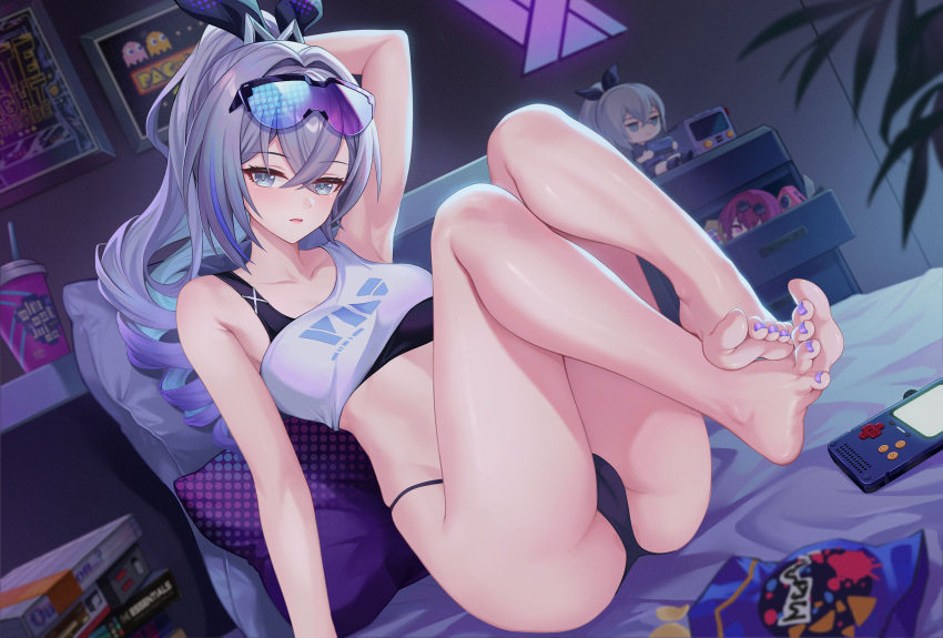 1girl absurdres arm_up ass bare_arms bare_shoulders barefoot black_gloves breasts character_doll commentary_request doll drill_hair eyewear_on_head feet fingerless_gloves fur_trim gloves goggles goggles_on_head grey_eyes grey_hair hair_between_eyes highres honkai:_star_rail honkai_(series) indoors kacyu kafka_(honkai:_star_rail) knees_up legs long_hair looking_at_viewer nail_polish no_pants pac-man_(game) ponytail presenting_foot shirt shorts silver_wolf_(honkai:_star_rail) single-shoulder_shirt sitting soles solo spread_toes thigh_strap toenail_polish toenails toes white_shirt