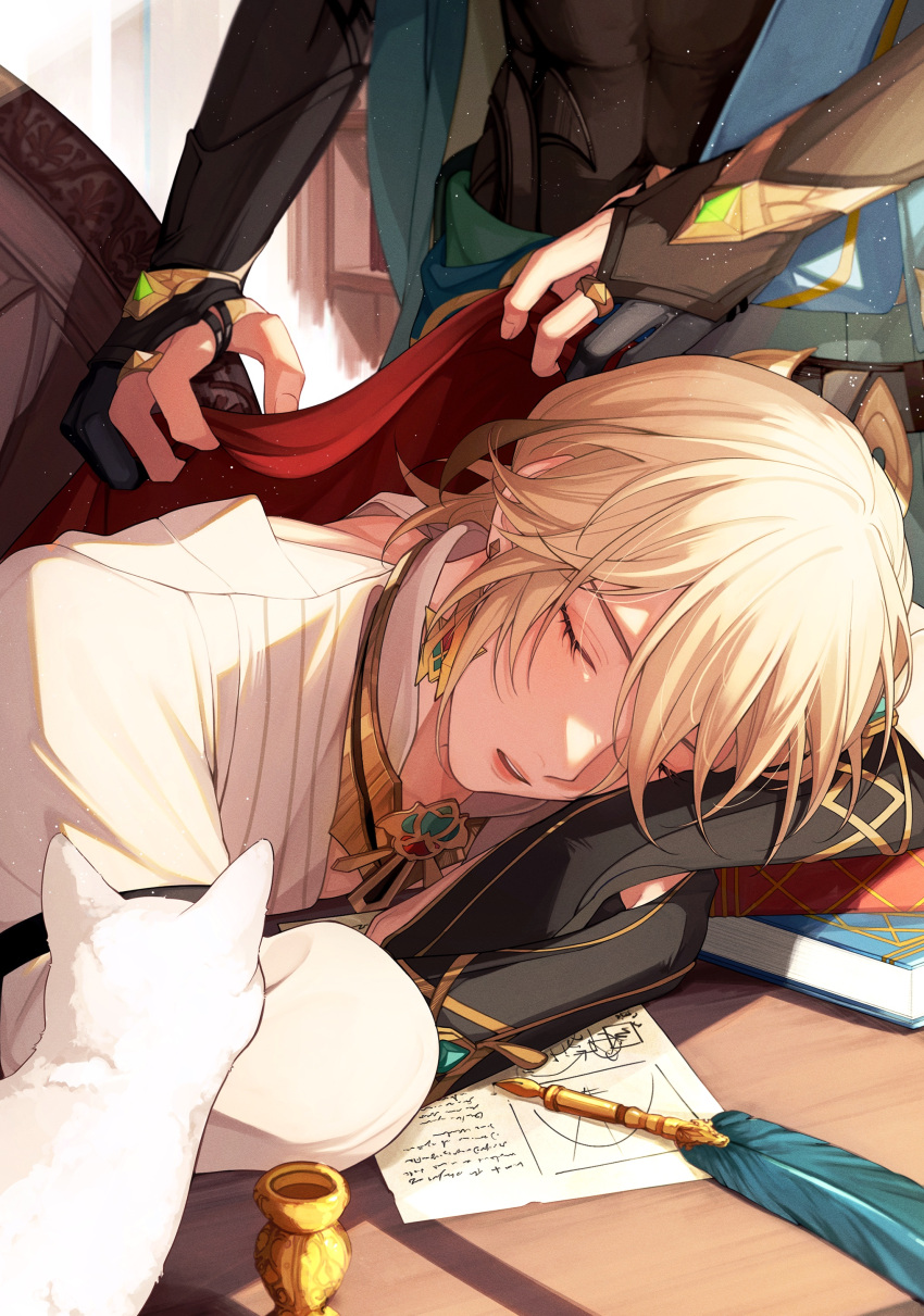2boys absurdres alhaitham_(genshin_impact) black_bridal_gauntlets black_shirt blonde_hair brown_hair closed_eyes covering_with_blanket earrings genshin_impact highres jewelry kaveh_(genshin_impact) long_sleeves male_focus multicolored_clothes multiple_boys n_maru paper parted_lips quill shirt sleeping teeth white_shirt