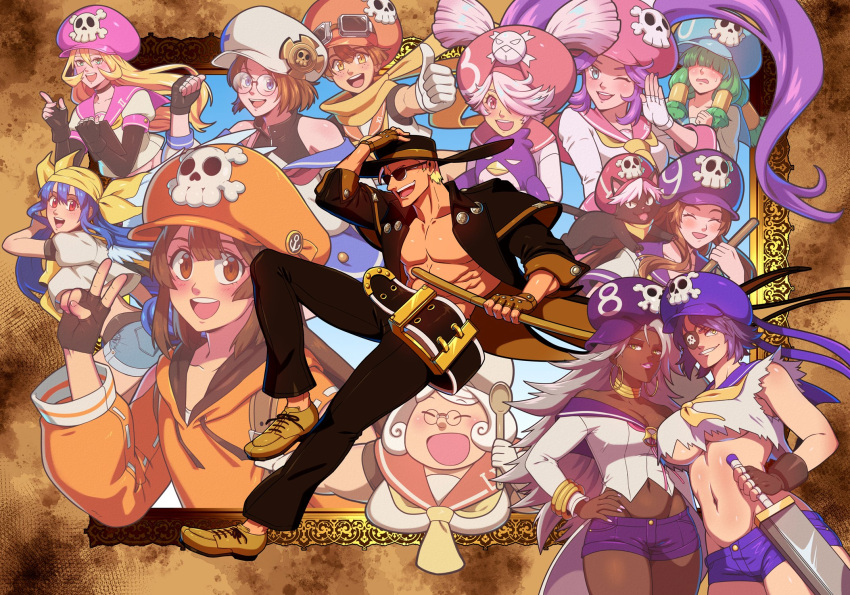1boy 6+girls abs april_(guilty_gear) augus_(guilty_gear) bare_shoulders belt black_gloves black_jacket blonde_hair blue_hair blush breasts brown_gloves brown_hair cabbie_hat cat collarbone cowboy_hat crop_top dark-skinned_female dark_skin dizzy_(guilty_gear) english_commentary eyepatch febby_(guilty_gear) fingerless_gloves gloves green_hair grey_hair groin guilty_gear guilty_gear_strive guilty_gear_xx hair_over_eyes hair_over_one_eye hat hat_ornament highres holding holding_sword holding_weapon jacket janis_(guilty_gear) johnny_(guilty_gear) july_(guilty_gear) june_(guilty_gear) katana kitsune23star large_breasts large_pectorals leap_(guilty_gear) long_hair long_sleeves march_(guilty_gear) may_(guilty_gear) midriff multiple_girls muscular muscular_male navel novel_(guilty_gear) octy_(guilty_gear) open_mouth pants pectorals picture_frame pink_hair pirate purple_hair red_eyes sailor_collar sephy_(guilty_gear) sheath short_hair short_shorts short_sleeves shorts skull_and_crossbones skull_hat_ornament smile stuffed_animal stuffed_penguin stuffed_toy sunglasses sword thumbs_up twintails underboob v weapon wooden_spoon