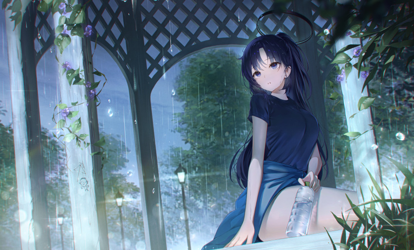 1girl absurdres blue_archive blue_jacket bottle breasts clothes_around_waist halo highres jacket jacket_around_waist lel long_hair looking_to_the_side medium_breasts official_alternate_costume outdoors purple_hair rain sitting solo very_long_hair water_bottle yuuka_(blue_archive) yuuka_(track)_(blue_archive)