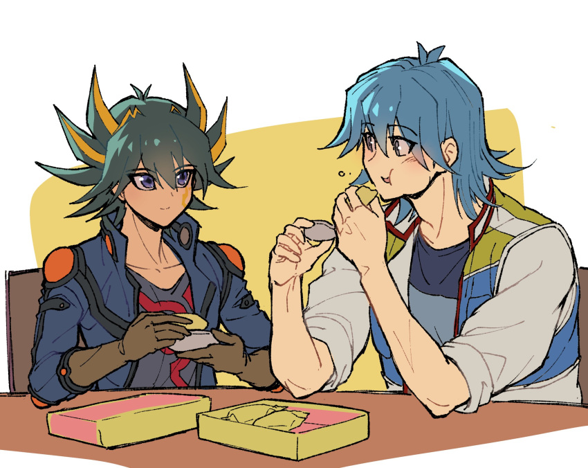 2boys black_hair black_shirt blue_eyes blue_hair blue_jacket blue_shirt brown_gloves bruno_(yu-gi-oh!) chair commentary_request eating elbow_pads elbows_on_table facial_mark facial_tattoo food fudou_yuusei full_mouth gloves hands_up high_collar highres holding holding_food jacket leaning_forward leaning_on_table male_focus marking_on_cheek multicolored_hair multiple_boys on_chair open_clothes open_jacket open_mouth shirt short_hair shoulder_pads simple_background sitting sleeves_rolled_up smile spiked_hair streaked_hair table talking tattoo white_jacket yellow_background youko-shima yu-gi-oh! yu-gi-oh!_5d's