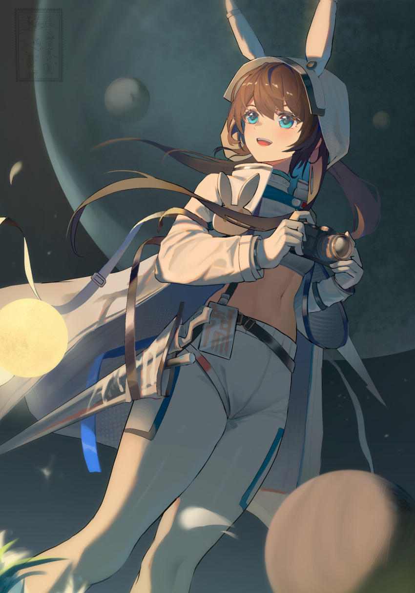 1girl absurdres amiya_(arknights) amiya_(guard)_(arknights) amiya_(guard)_(touch_the_stars)_(arknights) animal_ears animal_hood arknights belt black_belt blue_collar blue_eyes blue_ribbon breasts brown_hair camera coat collar dress extra_ears gloves highres holding holding_camera hood hood_up hooded_coat hooded_jacket jacket jewelry kkkkled long_hair long_sleeves midriff navel necklace pants planet rabbit_ears rabbit_girl rabbit_hood rabbit_ornament ribbon ring scabbard sheath sheathed shirt smile solo space sword thighs weapon white_coat white_dress white_gloves white_jacket white_pants white_ribbon white_shirt