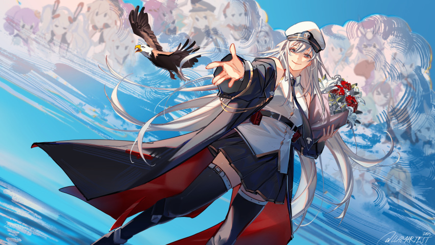 1girl absurdres akagi_(azur_lane) akashi_(azur_lane) ayanami_(azur_lane) azur_lane bald_eagle bird bismarck_(azur_lane) bismarck_zwei_(azur_lane) black_coat black_necktie black_skirt black_thighhighs blue_sky bouquet cheshire_(azur_lane) closed_mouth cloud coat collared_shirt eagle enterprise_(azur_lane) essex_(azur_lane) flower grey_eyes grim_(azur_lane) hair_between_eyes hakuryuu_(azur_lane) hat helena_(azur_lane) highres holding holding_bouquet javelin_(azur_lane) jean_bart_(azur_lane) kaga_(azur_lane) laffey_(azur_lane) laffey_(retrofit)_(azur_lane) llamartist long_hair looking_at_viewer military_uniform necktie new_jersey_(azur_lane) ocean off_shoulder official_alternate_costume outdoors peaked_cap pleated_skirt prinz_eugen_(azur_lane) reaching reaching_towards_viewer red_flower reflection retrofit_(azur_lane) richelieu_(azur_lane) shimakaze_(azur_lane) shirt signature skirt sky sleeveless sleeveless_shirt smile thighhighs uniform water white_hair white_headwear white_shirt z23_(azur_lane)