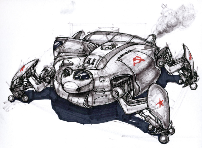 absurdres alternate_universe cannon chenlongque concept_art damaged dirty english_commentary exhaust gun highres machine_gun machinery marker_(medium) mecha military military_vehicle no_humans original robot roundel science_fiction shadow sketch smoke soviet soviet_army traditional_media turret walker_(robot) weapon world_war_ii