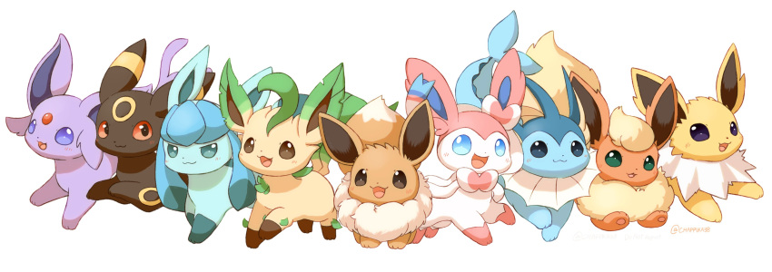 :3 absurdres animal_focus black_eyes blue_eyes brown_eyes eevee espeon evolutionary_line flareon fluffy forehead_jewel glaceon green_eyes highres jolteon leafeon mimix no_humans open_mouth pawpads pokemon purple_eyes red_eyes simple_background smug sylveon umbreon vaporeon white_background