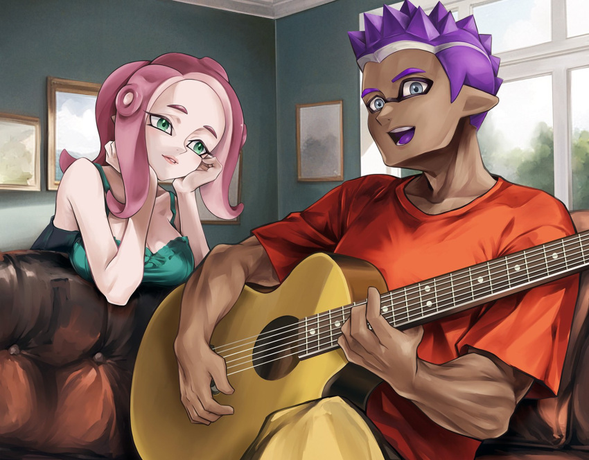 1boy 1girl arm_support bare_arms bare_shoulders blue_eyes breast_rest breasts collarbone commentary couch dark-skinned_male dark_skin day domino_mask elbow_rest green_eyes guitar hands_on_own_cheeks hands_on_own_face head_rest head_tilt hetero highres holding holding_instrument indoors inkling inkling_boy instrument janome_(jajanome) leaning_forward light_smile lips long_hair mask mature_female mature_male music octarian on_couch orange_shirt pale_skin pants parted_lips pink_hair playing_instrument pointy_ears shirt short_hair sitting smile spiked_hair splatoon_(series) suction_cups symbol-only_commentary t-shirt tentacle_hair toned toned_male