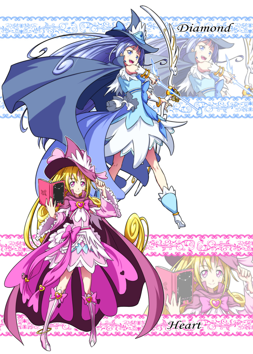 2girls :d absurdres adapted_costume aida_mana alternate_costume blonde_hair blue_bow blue_cape blue_dress blue_eyes blue_hair boots bow bow_(weapon) cape character_name commentary_request cure_diamond cure_heart dokidoki!_precure dress earrings eyelashes hair_ornament happy hat highres hishikawa_rikka jewelry knee_boots large_hat long_hair looking_at_viewer magical_girl matatabi_(karukan222) multiple_girls open_mouth pink_bow pink_cape pink_dress pink_eyes pink_footwear ponytail precure smile standing weapon witch witch_hat wrist_cuffs