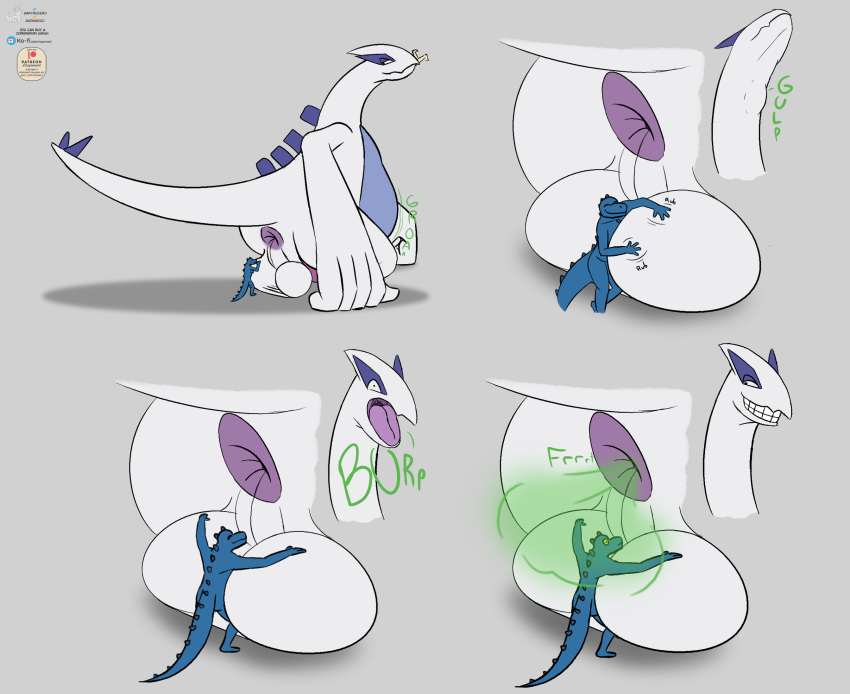 anthro anus artrogero_(artist) ball_grab balls big_anus big_balls burping duo fart fart_cloud farting_on_face female generation_2_pokemon genitals hi_res large_male legendary_pokemon lizard lizardman long_neck lugia male male/female male_pred neck_bulge nintendo oral_vore overweight overweight_male pokemon pokemon_(species) reptile rumbling_stomach scalie sequence size_difference smaller_female swallowing tail tongue vore watermark