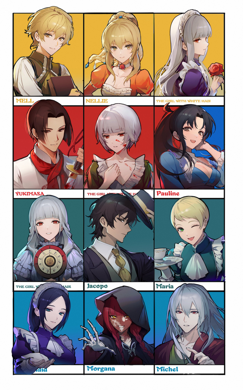 4boys 6+girls absurdres aida_yukimasa aiming_at_viewer angry arashiko_falcom ascot beckoning black_cloak black_hair blonde_hair blood blood_on_face blood_on_weapon blue_background blue_dress blue_hair blunt_bangs book braid breasts brown_eyes character_name chart choker cleavage cloak cup dress english_text fata_morgana_no_yakata floating floating_hair floating_object floating_weapon flower green_background green_eyes grey_hair hair_between_eyes half_updo hand_up hat hat_removed hat_tip headwear_removed highres holding holding_book holding_clothes holding_flower holding_hat holding_sword holding_tray holding_weapon hood hood_up jacopo_bearzatti juliet_sleeves knife long_hair long_sleeves looking_at_viewer looking_down maid maid_headdress maria_campanella mell_rhodes michel_bollinger morgana_(fata_morgana_no_yakata) multiple_boys multiple_girls nellie_rhodes one_eye_closed orange_dress outside_border outstretched_arm pauline_asama pointing pointing_at_viewer ponytail puffy_sleeves reaching reaching_towards_viewer red_background red_eyes red_flower red_hair red_rose red_scarf ringlets rose scarf short_hair sidelocks simple_background skeletal_hand smile straight_hair sword teacup the_maid_(fata_morgana) the_white-haired_girl_(fata_morgana) tray twin_braids twintails upper_body weapon white_ascot yellow_ascot yellow_background yellow_eyes