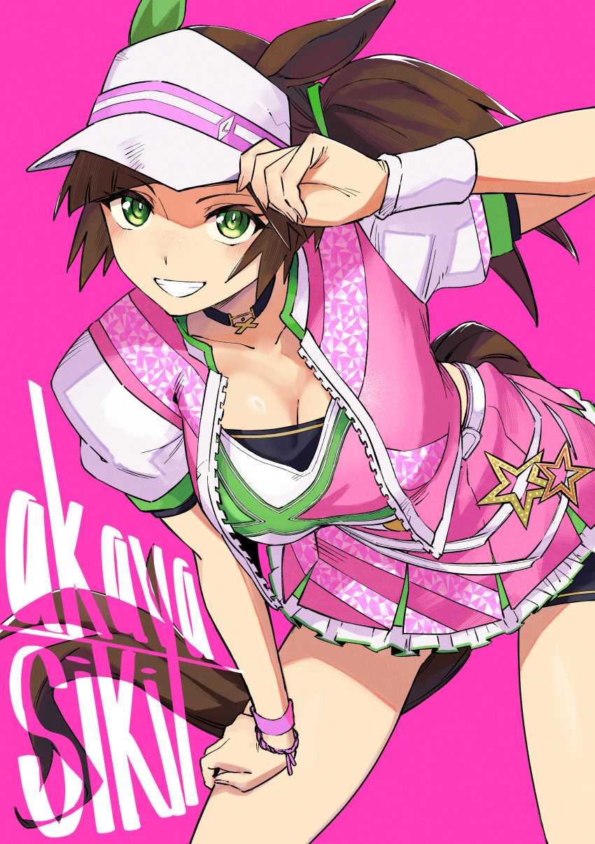 1girl absurdres adjusting_clothes adjusting_headwear akaya_shiki animal_ears artist_name black_choker breasts brown_hair choker cleavage commentary cowboy_shot ear_covers green_eyes grin highres horse_ears horse_girl horse_tail ines_fujin_(umamusume) jacket looking_at_viewer medium_breasts medium_hair open_clothes open_jacket petticoat pink_jacket pink_skirt ponytail short_sleeves single_ear_cover skirt smile solo star_ornament tail umamusume visor_cap wristband