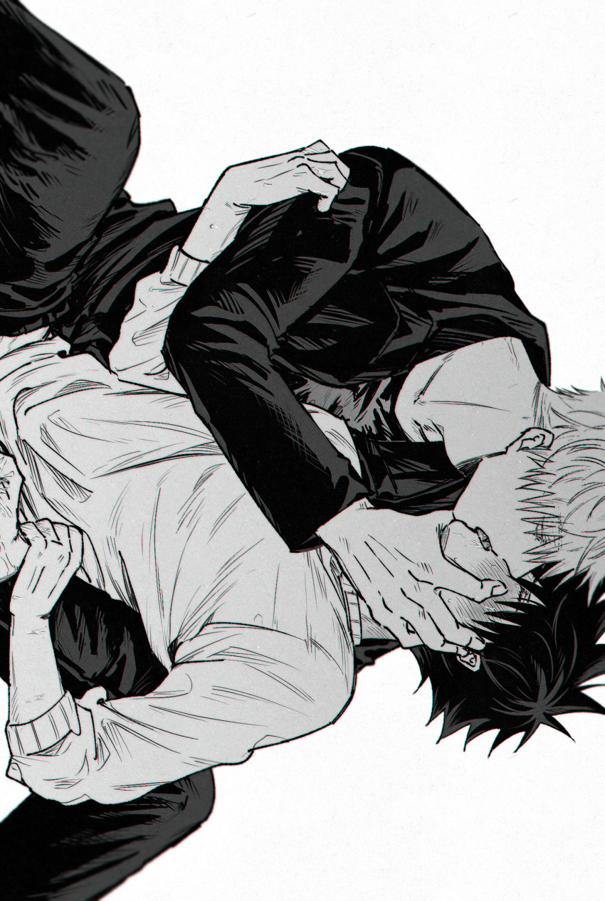 2boys blush closed_eyes french_kiss full-face_blush fushirun_rung hand_on_another's_face highres jujutsu_kaisen kiss korean_commentary long_sleeves male_focus monochrome multiple_boys pants short_hair sideways spiked_hair sweatdrop sweater tongue yaoi