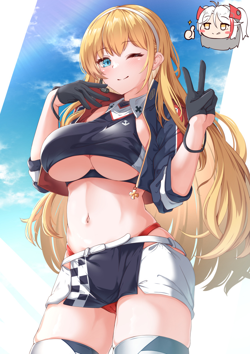 2girls ;) absurdres azur_lane black_gloves black_jacket blonde_hair blue_eyes blue_sky blush breasts chibi chibi_inset closed_mouth clothing_cutout cloud commentary_request commission cosplay crop_top cropped_jacket gloves hairband half_gloves heart highres jacket large_breasts long_hair looking_at_viewer moyoron multiple_girls navel north_carolina_(azur_lane) official_alternate_costume one_eye_closed panties prinz_eugen_(azur_lane) prinz_eugen_(azur_lane)_(cosplay) prinz_eugen_(final_lap)_(azur_lane) race_queen red_panties skeb_commission skirt sky smile solo_focus sparkle standing stomach thumbs_up underboob underboob_cutout underwear very_long_hair white_background white_hairband white_skirt