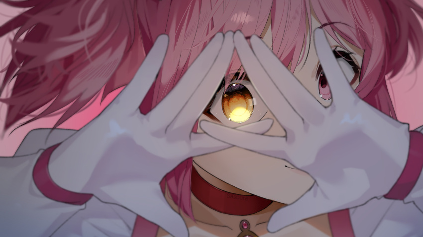 1girl \||/ artist_name choker close-up collarbone commentary gloves heterochromia highres kaname_madoka looking_at_viewer looking_through_fingers magical_girl mahou_shoujo_madoka_magica making-of_available pink_eyes pink_hair red_choker sasoura smile solo soul_gem symbol-only_commentary white_gloves yellow_eyes