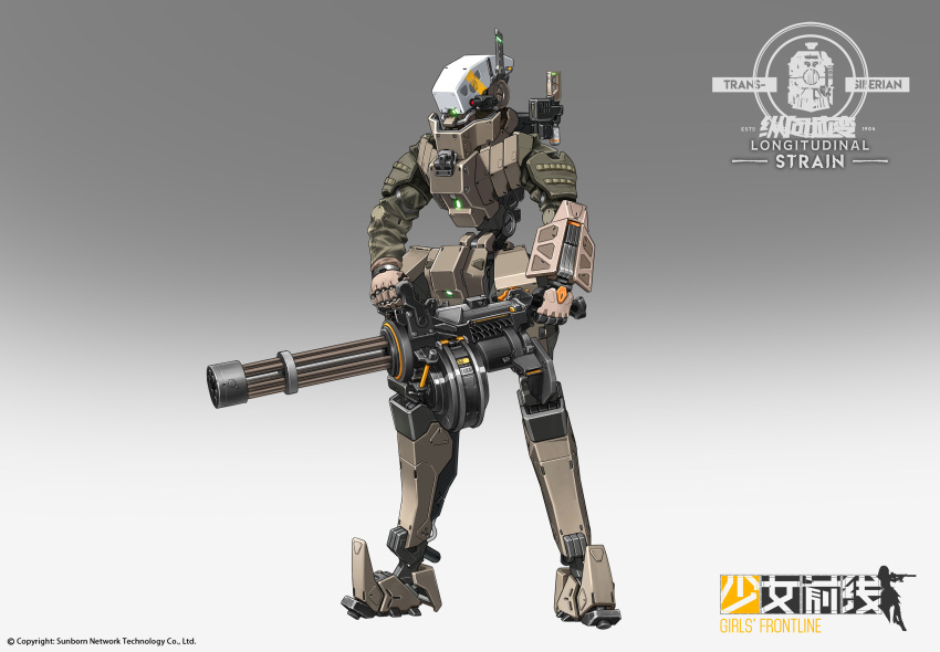 absurdres armor camera_eyes commentary company_name copyright_name cyclops_(girls'_frontline) english_commentary full_body gatling_gun girls'_frontline gradient_background grey_background gun highres holding holding_gun holding_weapon humanoid_robot joints kcco_(girls'_frontline) minigun negasw no_humans official_art robot robot_joints simple_background weapon