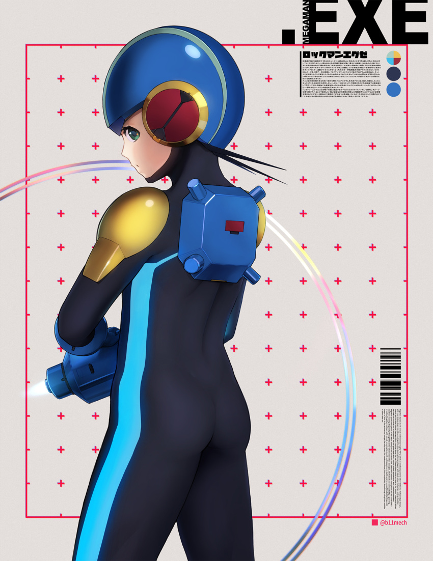1boy arm_cannon ass back barcode beleven black_bodysuit black_hair blue_gloves blue_headwear bodysuit cowboy_shot english_text from_behind gloves green_eyes hand_on_own_arm helmet highres looking_at_viewer looking_back mega_man_(series) mega_man_battle_network_(series) megaman.exe mixed-language_commentary profile shoulder_pads solo spiked_hair standing twitter_username weapon