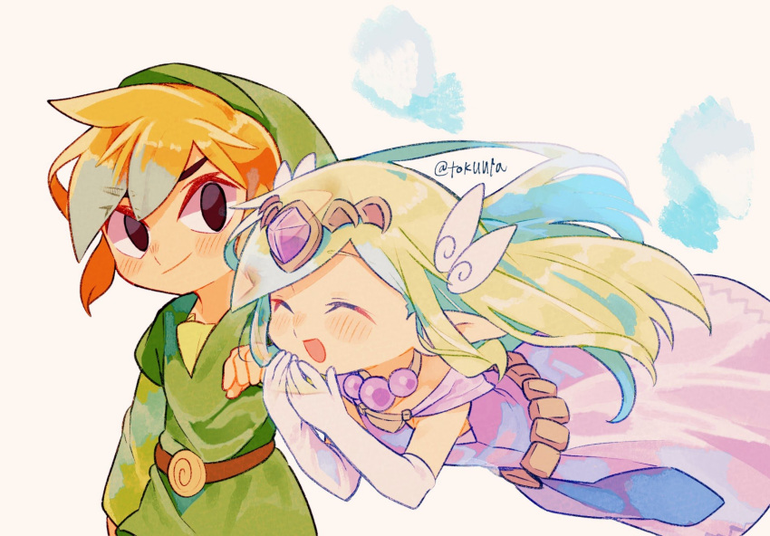 1boy 1girl black_eyes blonde_hair closed_eyes dress elbow_gloves floating ghost gloves green_headwear green_shirt hat highres jewelry link long_hair necklace open_mouth pointy_ears princess_zelda purple_dress shirt short_hair sleeveless sleeveless_dress the_legend_of_zelda the_legend_of_zelda:_spirit_tracks tiara tokuura toon_link toon_zelda twitter_username white_gloves