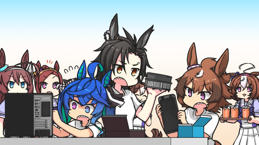 6+girls :&gt; :3 @_@ ahoge air_shakur_(umamusume) alternate_costume animal_ears black_hair blue_eyes brown_hair closed_eyes closed_mouth computer computer_fan cup desktop drinking_glass drinking_straw ear_ornament fine_motion_(umamusume) flower-shaped_pupils gradient_background hair_between_eyes hamu_koutarou heterochromia highres holding holding_tray horse_ears horse_girl long_hair meisho_doto_(umamusume) mihono_bourbon_(umamusume) multicolored_hair multiple_girls open_mouth purple_eyes radiator sakura_bakushin_o_(umamusume) school_uniform sharp_teeth shinko_windy_(umamusume) shirt short_hair streaked_hair symbol-shaped_pupils teeth tracen_school_uniform tray twin_turbo_(umamusume) umamusume white_hair white_shirt yellow_eyes