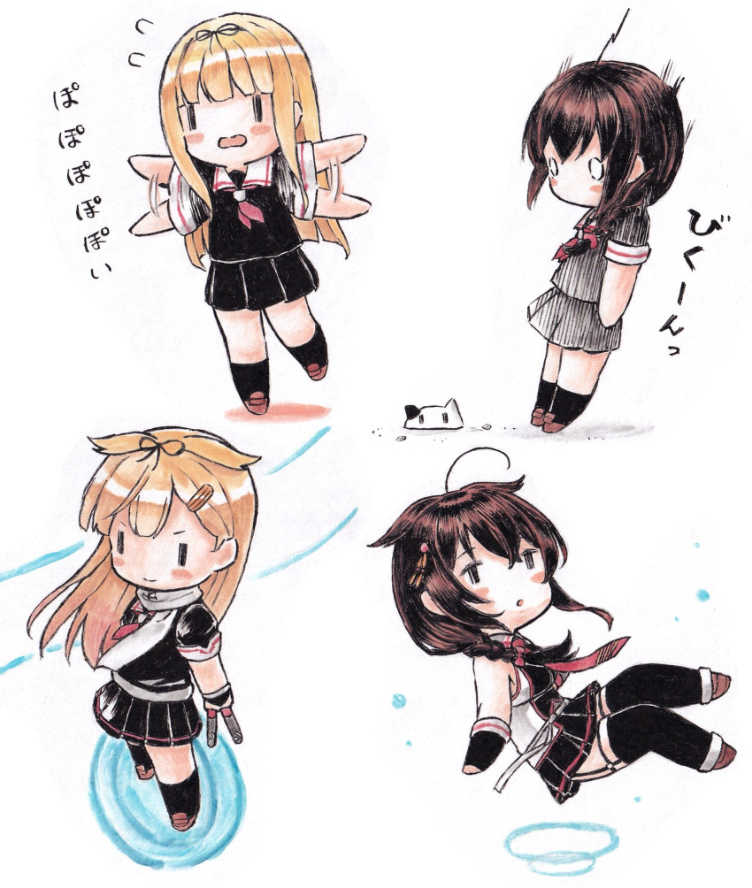 2girls ahoge black_gloves black_ribbon black_serafuku black_skirt black_socks black_thighhighs blonde_hair blunt_bangs braid chibi fingerless_gloves flying_sweatdrops gloves hair_flaps hair_ornament hair_ribbon hairclip highres holding holding_torpedo kantai_collection kneehighs long_hair multiple_girls multiple_views o_o pleated_skirt poipoi_purin ribbon sailor_collar scarf school_uniform serafuku shigure_(kancolle) shigure_kai_san_(kancolle) short_sleeves simple_background single_braid skirt sleeveless socks thighhighs torpedo white_background white_scarf yuudachi_(kancolle) yuudachi_kai_ni_(kancolle)