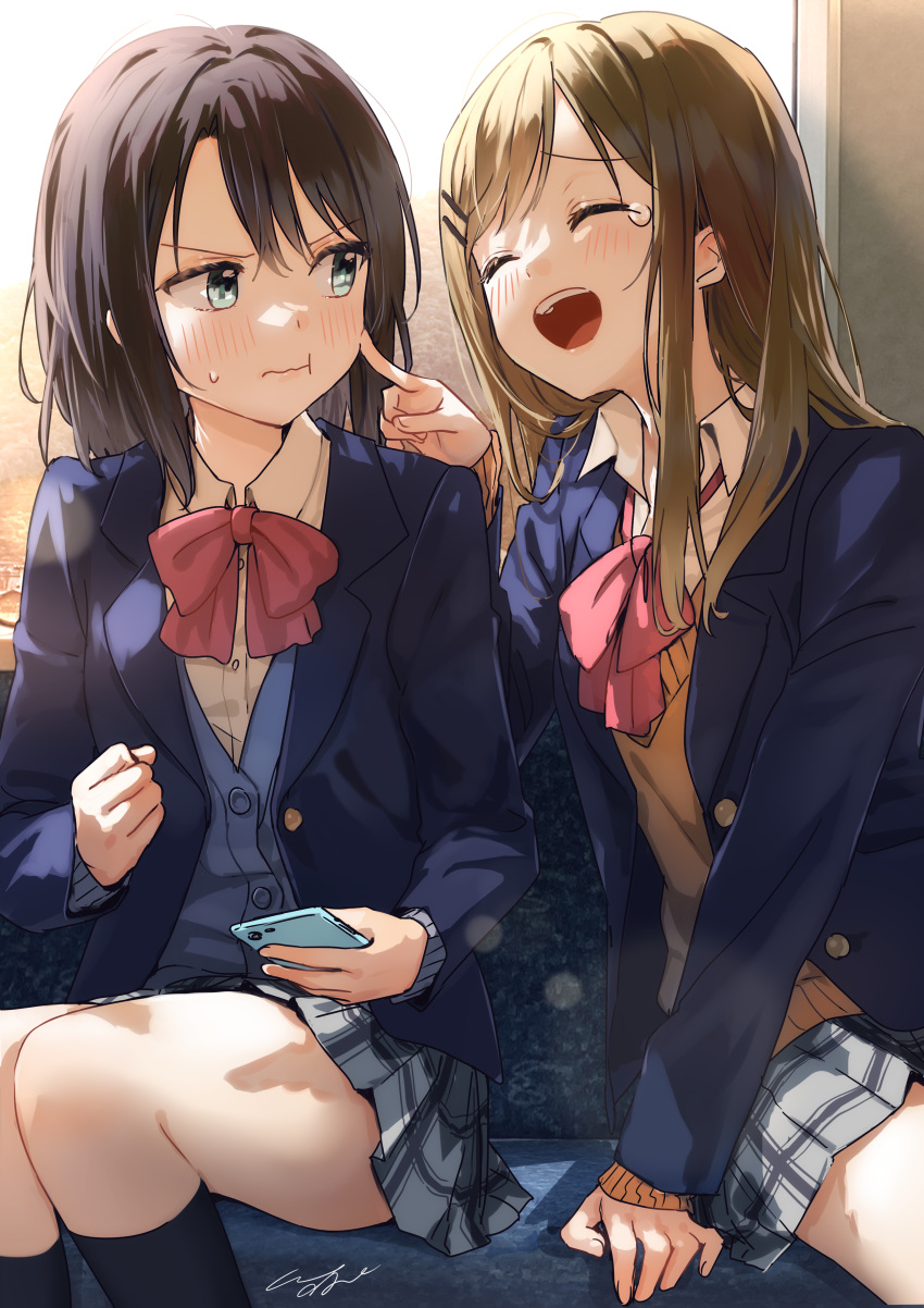 2girls absurdres adachi_sakura adachi_to_shimamura black_hair blue_eyes blunt_bangs blush bow brown_hair buttons clenched_hand collared_shirt finger_to_face grey_skirt hair_ornament hairclip highres holding holding_phone laughing looking_at_another multiple_girls open_mouth phone pink_bow pleated_skirt pomu pout school_uniform shimamura_hougetsu shirt signature skirt teardrop teeth thighs upper_teeth_only white_shirt