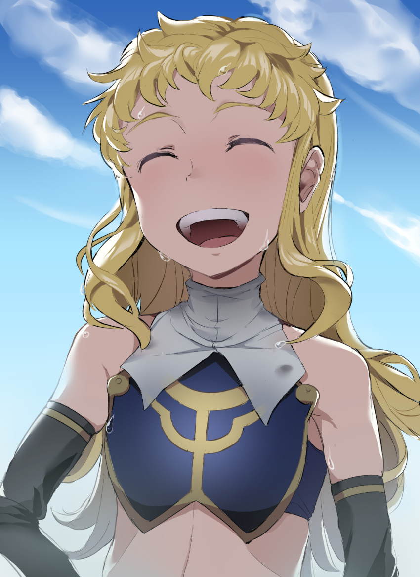 1girl alternate_hairstyle bare_shoulders blonde_hair blue_armor blue_sky closed_eyes cloud flat_chest highres long_hair midriff mika_(under_night_in-birth) open_mouth outdoors sky solo teeth tongue touniyuu under_night_in-birth under_night_in-birth_exe:late[st] upper_body upper_teeth_only wet