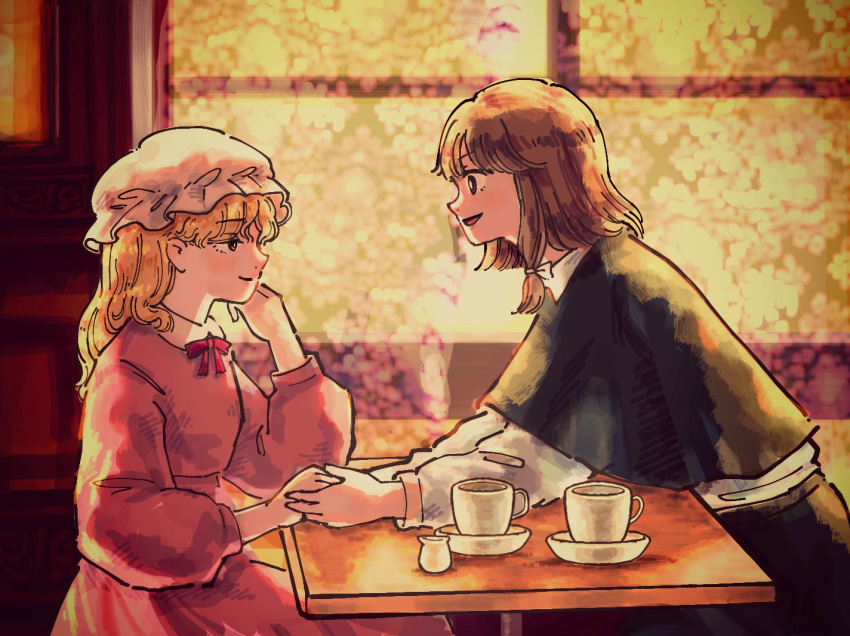 2girls arms_on_table black_capelet black_skirt blonde_hair brown_eyes brown_hair capelet coffee_mug collared_dress collared_shirt cup dress elbow_on_table hair_ribbon half-closed_eyes hand_on_own_chin hat holding_hands indoors kihaji140 long_sleeves looking_at_another maribel_hearn medium_hair mob_cap mug multiple_girls neck_ribbon no_headwear open_mouth purple_dress reaching red_ribbon ribbon saucer shirt short_hair sitting skirt smile table touhou tress_ribbon usami_renko white_headwear white_ribbon white_shirt window yellow_eyes