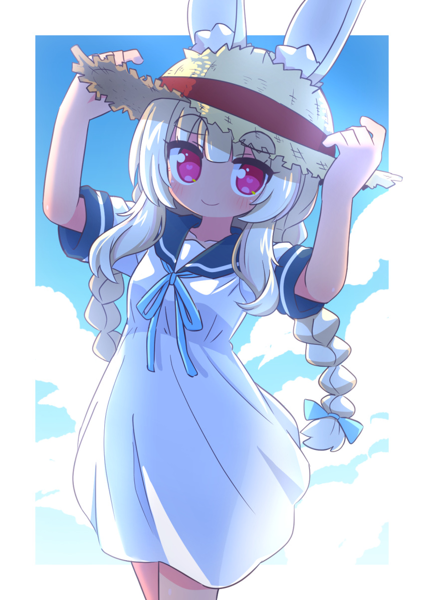 1girl animal_ear_fluff animal_ears arms_up blonde_hair blue_bow blue_ribbon blue_sailor_collar blue_sky bow braid breasts brown_headwear closed_mouth cloud collarbone commentary cowboy_shot day dress ears_through_headwear hair_bow hands_on_headwear hat heart heart-shaped_pupils highres looking_at_viewer masurao_(sekaiju) masurao_2_(sekaiju) naga_u neck_ribbon pink_eyes rabbit_ears rabbit_girl ribbon sailor_collar sailor_dress sekaiju_no_meikyuu sekaiju_no_meikyuu_5 short_dress short_sleeves sky small_breasts smile solo straw_hat symbol-shaped_pupils thick_eyebrows twin_braids white_dress