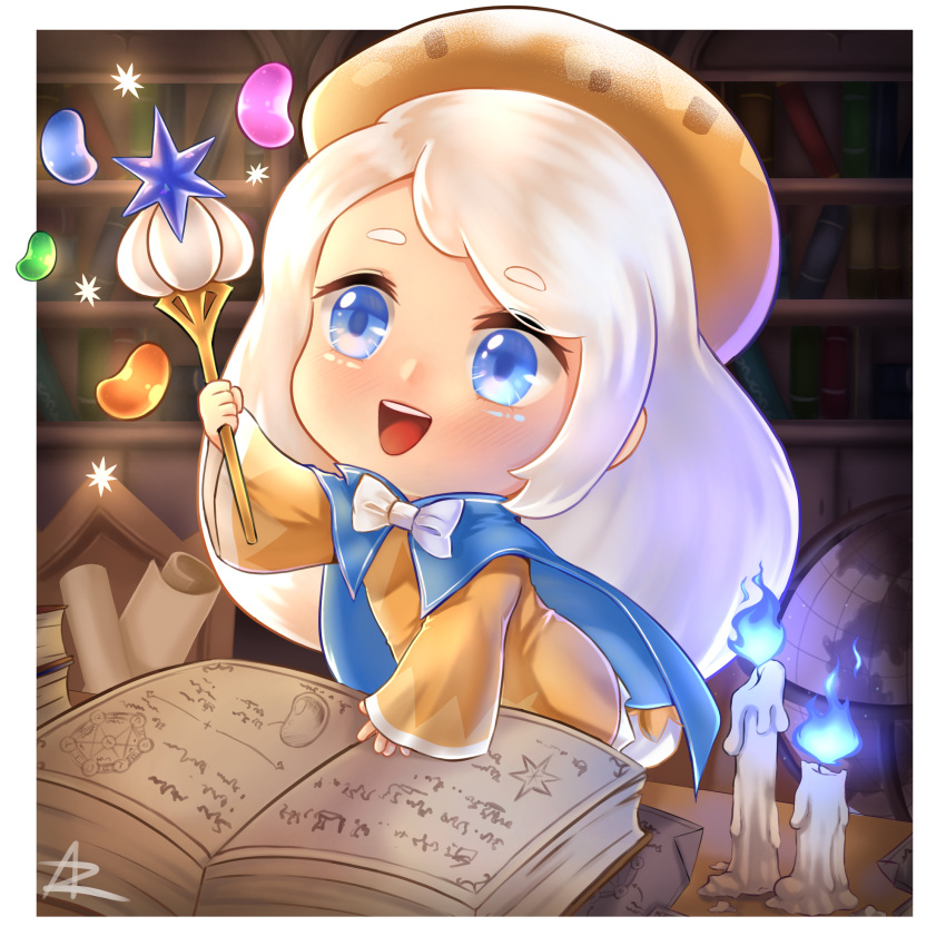 1girl :d blue_eyes book bookshelf border bow brown_headwear candle candle_wax candy chibi cookie_run cream_puff_cookie english_text fire food globe highres holding holding_wand indoors jelly_bean long_hair luzen-ros_(aterz) open_book purple_fire scroll smile wand white_border white_bow white_hair