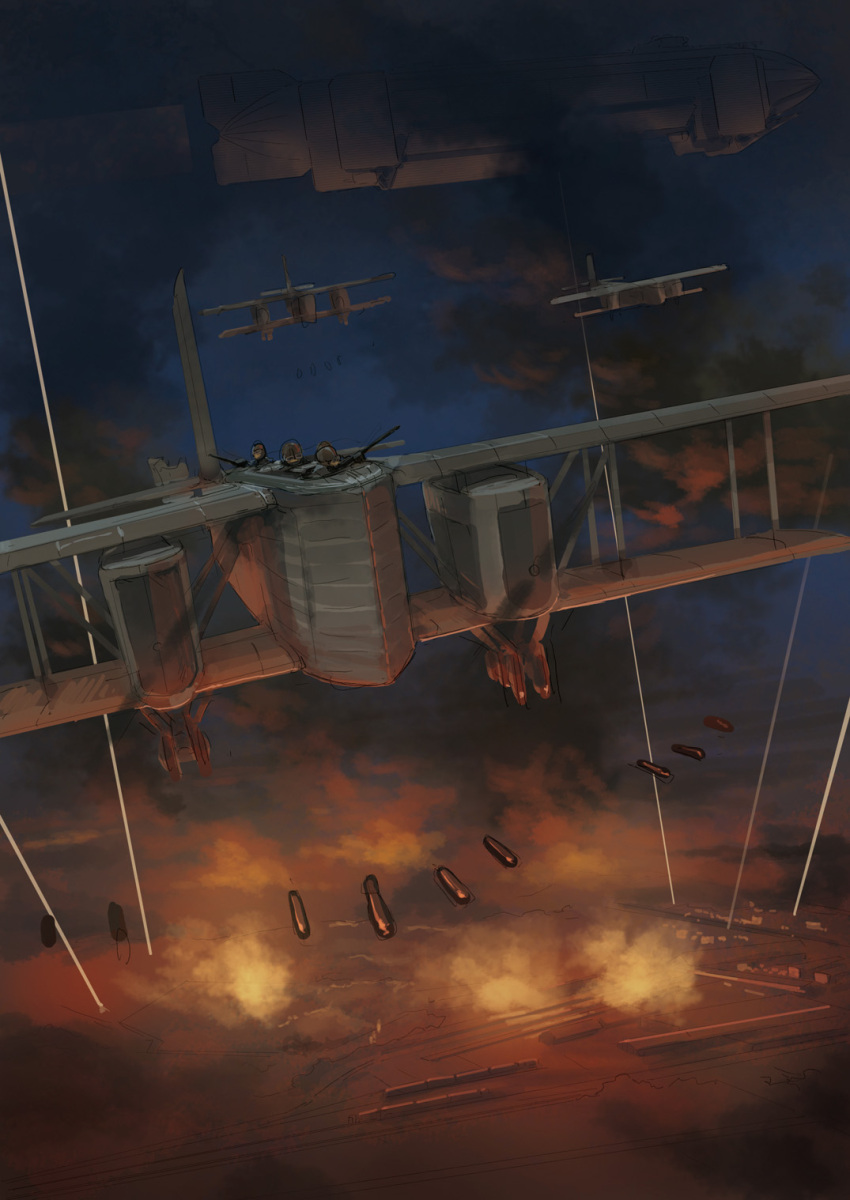 aircraft airplane asterisk_kome biplane bomb bomber building explosive fire highres military military_uniform military_vehicle night searchlight smoke train uniform wide_shot winged_fusiliers