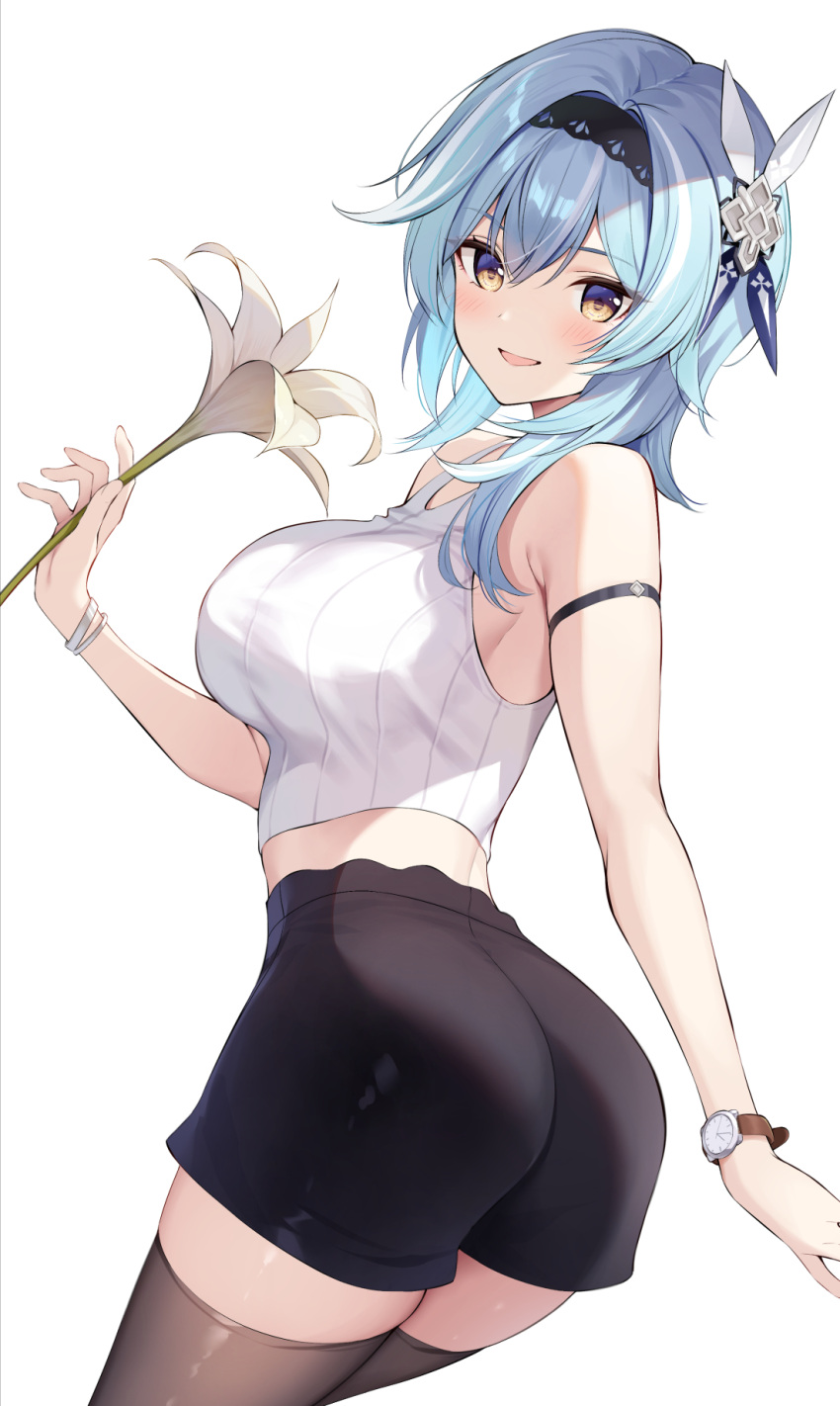 1girl black_hairband black_shorts black_thighhighs blue_hair cowboy cropped_shirt eula_(genshin_impact) flower from_side genshin_impact hairband highres holding holding_flower looking_at_viewer looking_to_the_side midriff open_mouth oryo_(oryo04) shirt shoes shorts simple_background sleeveless sleeveless_shirt smile solo thighhighs watch white_background white_shirt wristwatch yellow_eyes zettai_ryouiki