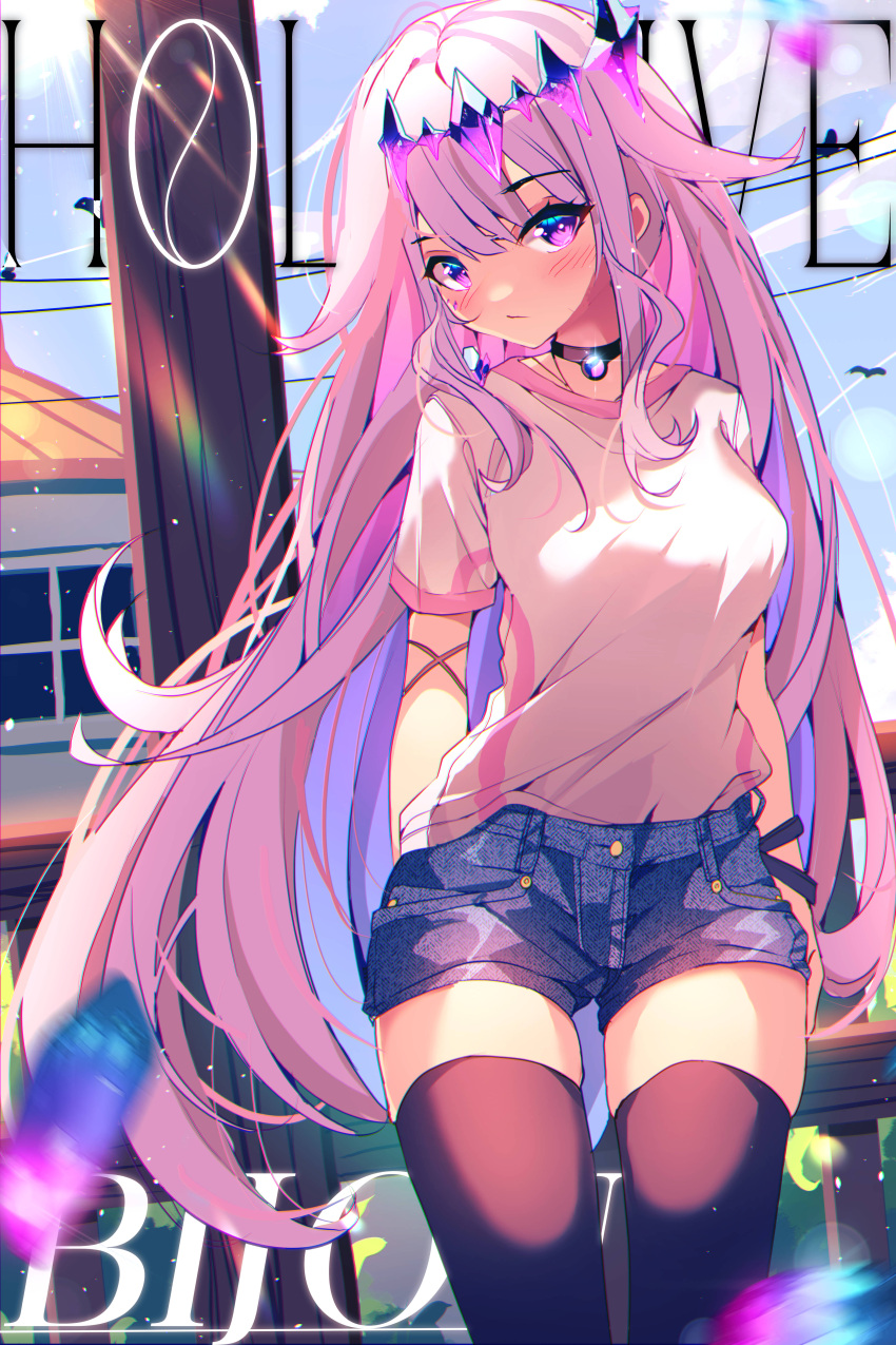 1girl absurdres alternate_breast_size bird black_choker black_thighhighs blue_shorts blurry blurry_foreground blush breasts building character_name choker copyright_name cowboy_shot denim denim_shorts english_commentary grey_hair headpiece highres hololive hololive_english jewel_under_eye koseki_bijou multicolored_hair pink_hair purple_eyes purple_hair shirt shorts sky the0neulost thighhighs virtual_youtuber white_shirt