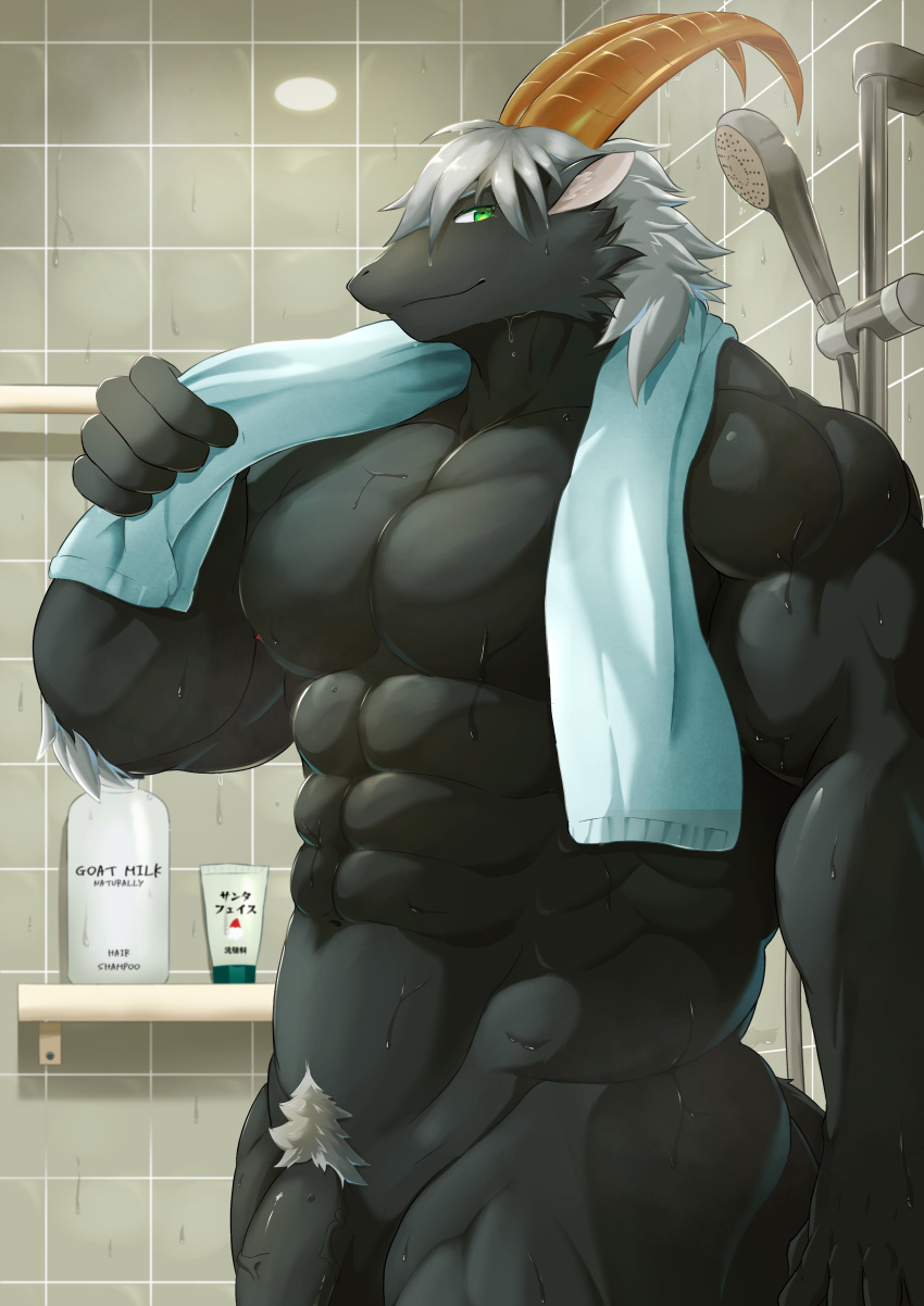 abs absurd_res after_shower anthro balls bathroom black_body black_fur bovid caprine flaccid fur genitals goat green_eyes hair hi_res horn lifewonders male mammal muscular muscular_anthro muscular_male nipples nude pecs penis pubes solo tanngrisnir_(tas) tokyo_afterschool_summoners toranoyouhei towel white_hair