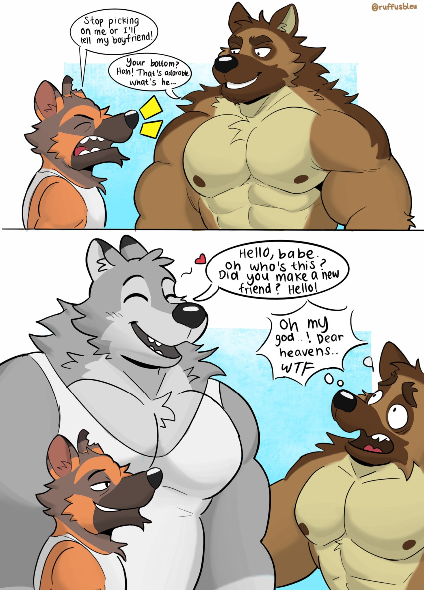 &lt;3 abs annoyed anthro big_muscles big_pecs black_nose brown_body brown_fur bully canid canine canis chin_tuft dialogue domestic_dog duo english_text eyebrows facial_tuft fur german_shepherd herding_dog hi_res inner_ear_fluff larger_anthro larger_male male male/male mammal muscular muscular_anthro muscular_male neck_tuft nipples notched_ear open_mouth pastoral_dog pecs raised_eyebrow ruffus_(ruffusbleu) ruffusbleu shirtless shirtless_anthro shirtless_male shocked shocked_expression size_difference speech_bubble surprise talking_to_another tank teeth text thought_bubble tongue tuft vehicle wolf