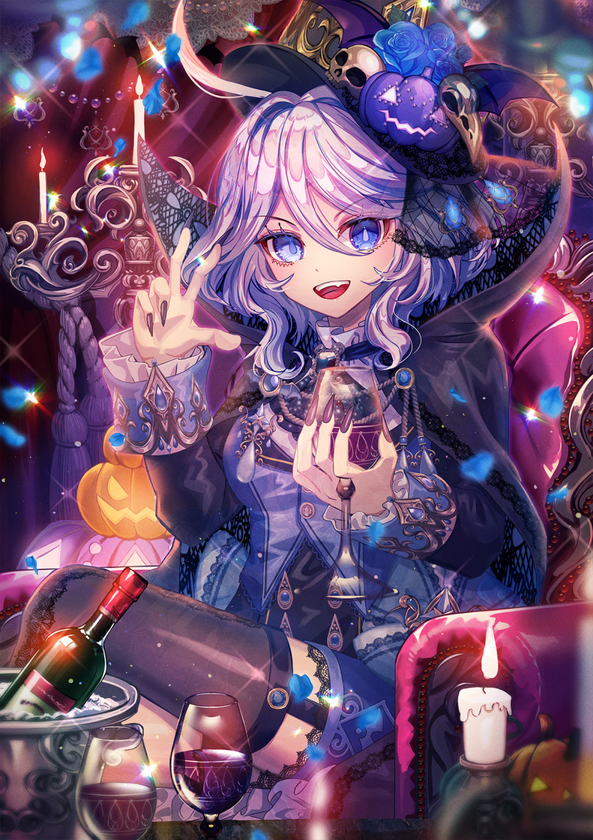 1girl :d alcohol alternate_costume black_cape black_headwear black_jacket black_nails black_thighhighs blue_corset blue_eyes blue_hair blue_shorts bottle brooch candle candlestand cape chair commentary_request corset crossed_legs cup drop-shaped_pupils fangs feet_out_of_frame fingernails furina_(genshin_impact) garter_straps genshin_impact hair_between_eyes halloween halloween_costume hand_up hat_ornament heterochromia highres holding holding_cup jack-o'-lantern jack-o'-lantern_hat_ornament jacket jewelry lace_trim long_sleeves looking_at_viewer medium_hair open_mouth raymond_busujima sharp_fingernails shorts sitting skull_hat_ornament smile solo sparkle thighhighs vampire wine wine_bottle