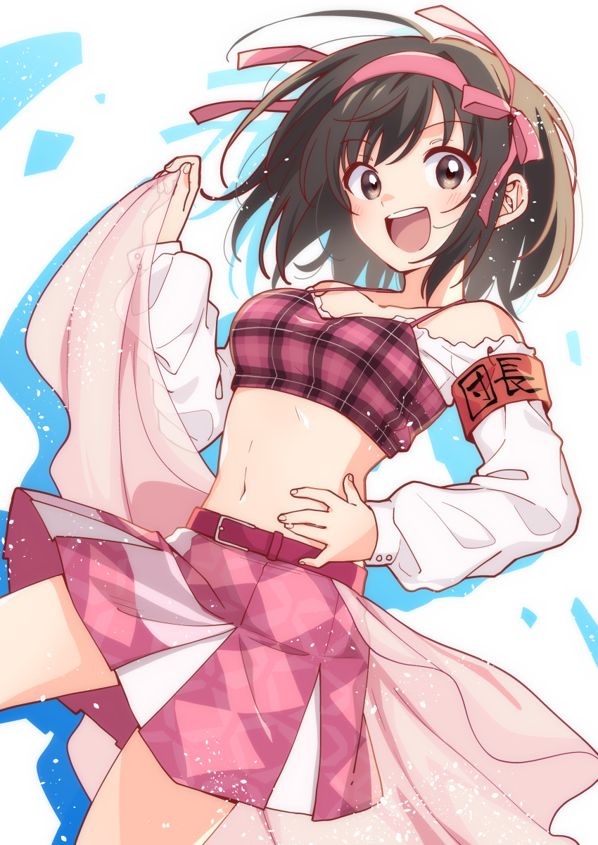 1girl absurdres bob_cut bra brown_eyes brown_hair commentary_request cowboy_shot detached_sleeves dress hairband hand_on_own_hip highres looking_at_viewer medium_hair midriff open_mouth pink_bra pink_hairband pink_skirt plaid plaid_bra pleated_dress round_teeth skirt smile solo suzumiya_haruhi suzumiya_haruhi_no_yuuutsu taiki_(6240taiki) teeth underwear upper_teeth_only