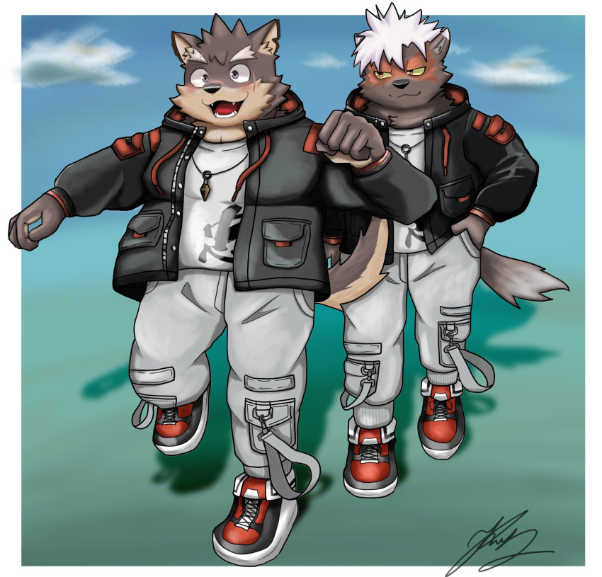 anthro black_body black_fur canid canine canis clothing domestic_dog duo eyebrows fur grey_body grey_fur hair hand_in_pocket hi_res jacket kt0414143919 lifewonders male mammal matching_outfits moritaka pockets scar tadatomo thick_eyebrows tokyo_afterschool_summoners topwear white_hair