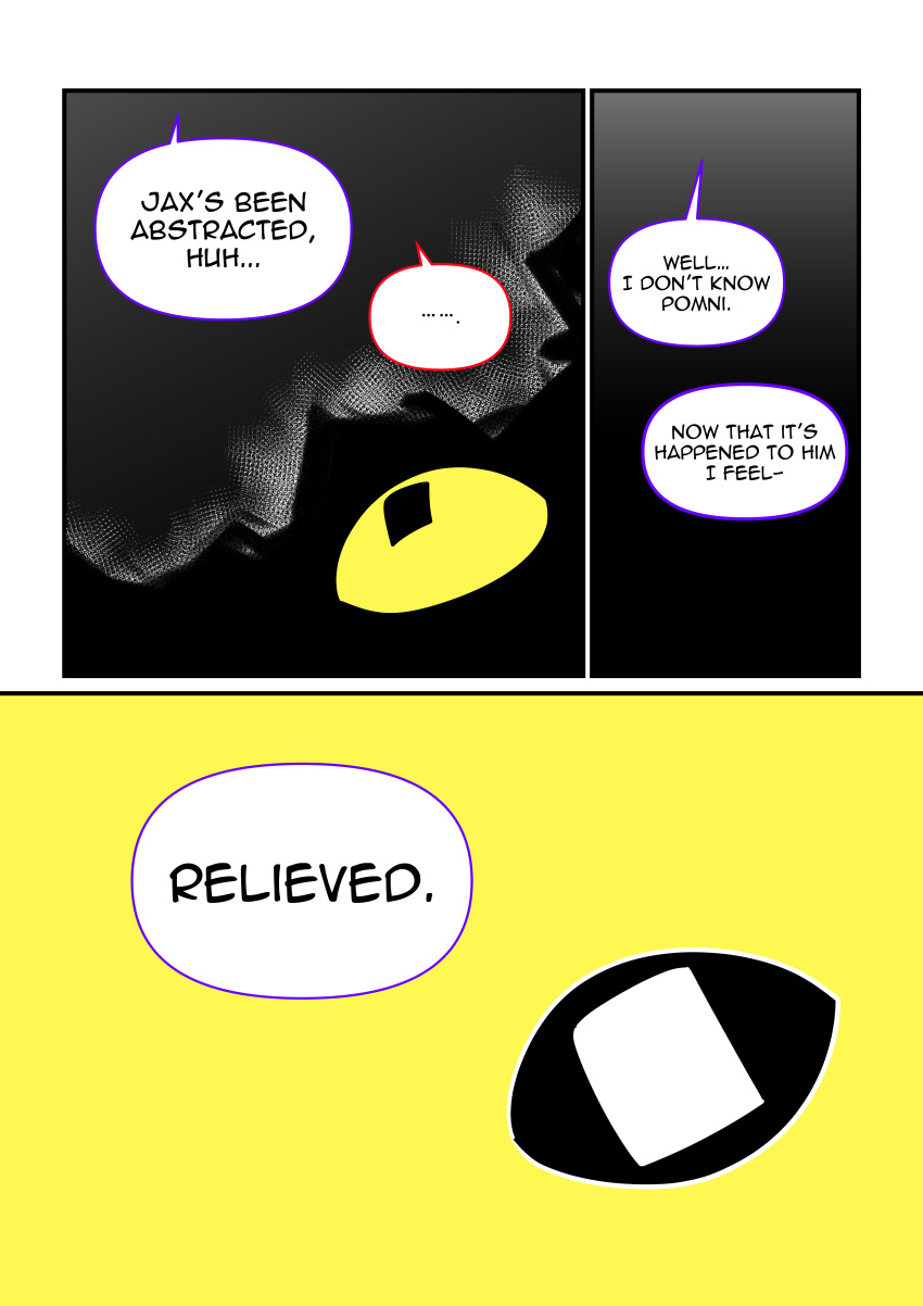 abstraction_(the_amazing_digital_circus) absurd_res black_eyes black_sclera comic dnrlrl english_text glitch_productions hi_res jax_(the_amazing_digital_circus) male monochrome pupils solo speech_bubble square_pupils text the_amazing_digital_circus white_eyes yellow_sclera