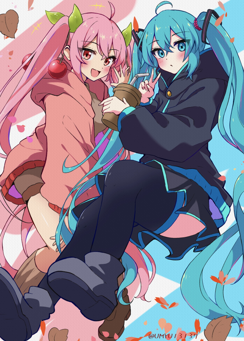 2girls :d ahoge black_footwear black_skirt black_thighhighs blue_background blue_eyes blue_hair blush brown_shorts brown_socks cherry_hair_ornament closed_mouth crossed_bangs cup disposable_cup dot_nose drinking_straw dual_persona falling_leaves floating food-themed_hair_ornament full_body hair_between_eyes hair_ornament hair_tie hand_up hatsune_miku highres holding holding_cup hood hood_down hooded_jacket jacket leaf long_hair looking_at_viewer miniskirt multicolored_background multiple_girls open_clothes open_jacket open_mouth oyu_yu_(pixiv_94462206) pink_background pink_eyes pink_hair pink_jacket pleated_skirt sakura_miku shoes shorts sidelocks skirt smile socks thighhighs twintails twitter_username v very_long_hair vocaloid white_background