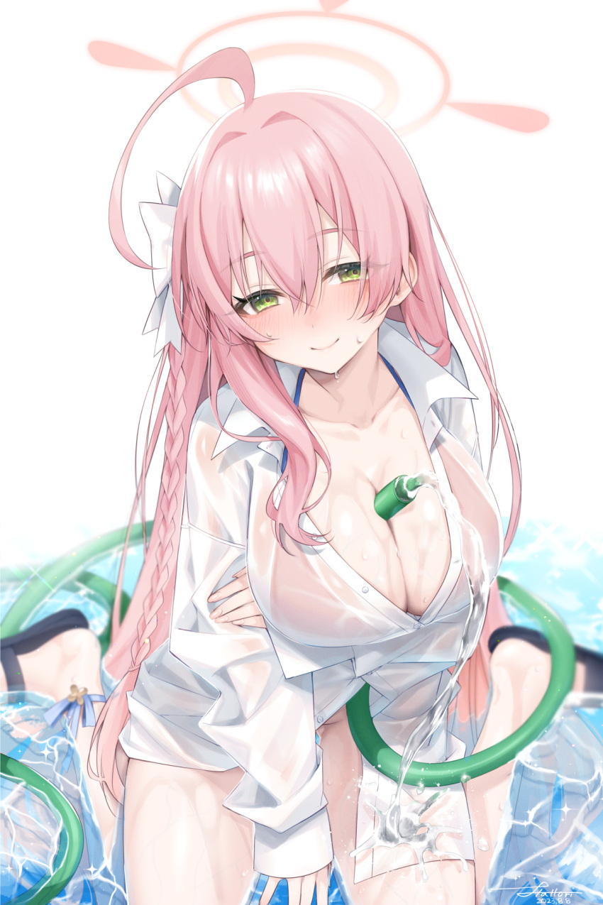 1girl ahoge arm_under_breasts between_breasts blue_archive blush breasts closed_mouth green_eyes halo hanako_(blue_archive) hanako_(swimsuit)_(blue_archive) hattori_masaki highres hose large_breasts long_hair looking_at_viewer pink_hair sandals shirt simulated_paizuri sitting smile solo swimsuit thighs very_long_hair wariza water wet wet_clothes wet_shirt white_shirt