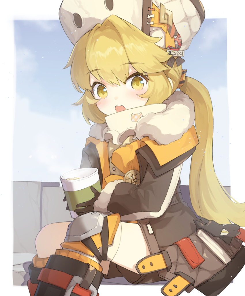 1girl black_coat black_gloves blonde_hair blush boots coat cup fur-trimmed_coat fur_trim gloves hair_between_eyes hat highres holding holding_cup honkai:_star_rail honkai_(series) hook_(honkai:_star_rail) knee_boots knee_pads long_hair long_sleeves looking_at_viewer miya_kazutomo open_clothes open_coat open_mouth single_knee_pad sitting solo teeth upper_teeth_only very_long_hair yellow_eyes