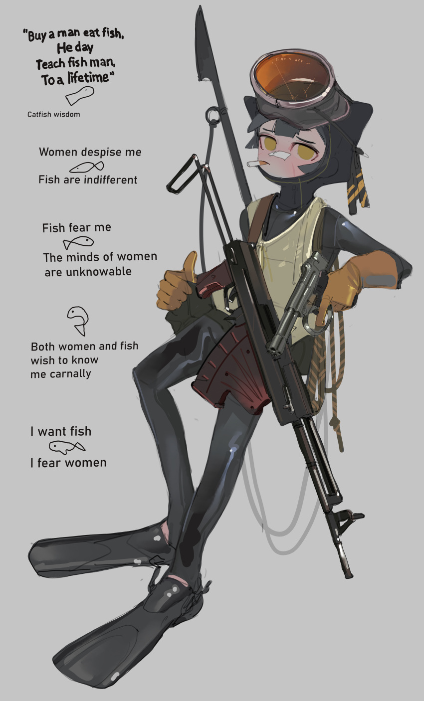 absurdres animal_ears assault_rifle bodysuit cat_ears cigarette diving_suit fishing_spear flippers frogman goggles gun harpoon highres magazine_(object) mask mask_on_head meme original polilla rifle scuba_gear spp-1 vest weapon wetsuit women_want_me_fish_fear_me_(meme)