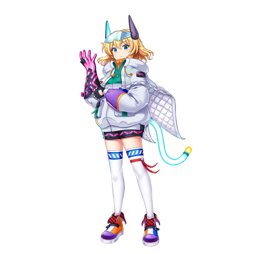 1girl adjusting_clothes adjusting_gloves alice_margatroid alice_margatroid_(skilled_droid_engineer) alternate_costume aqua_eyes black_gloves blonde_hair closed_mouth drawstring full_body fuse_tail game_cg gloves goggles goggles_on_head highres hood hoodie long_sleeves looking_at_viewer multicolored_footwear pink_gloves puffy_sleeves rotte_(1109) short_hair simple_background solo thighhighs third-party_source touhou touhou_lost_word two-tone_gloves white_background white_hoodie white_thighhighs