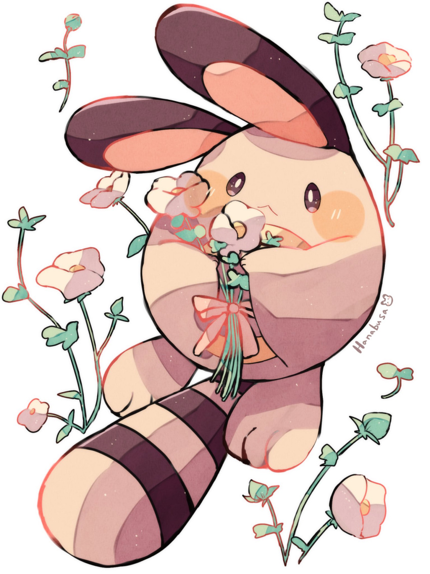 animal_focus artist_name bow brown_fur commentary_request flower hanabusaoekaki highres holding holding_flower leaf no_humans pink_bow pokemon pokemon_(creature) sentret simple_background solid_oval_eyes solo tail white_background white_flower