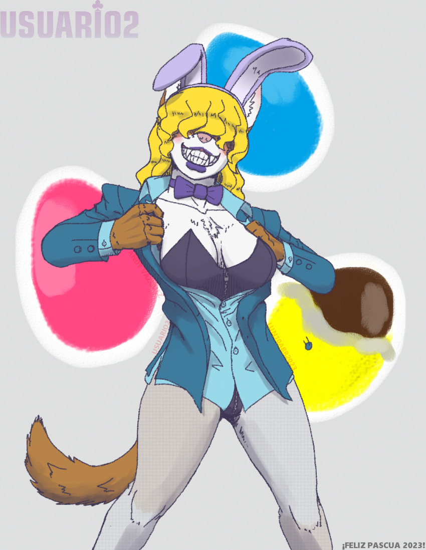 2023 alternate_version_at_source anthro blonde_hair blue_clothing blush bow_tie breasts brown_body brown_fur bunny_costume button_pop candy chest_tuft chocolate chocolate_egg clothing costume dessert domestic_cat dress_shirt easter egg emyr_nevraska felid feline felis female food formal_clothing fur hair hair_over_eyes hi_res holidays jacket legwear lips long_hair mammal pantyhose purple_clothing purple_lips shirt simple_background solo topwear tuft undressing undressing_self usuario2_(artist) white_body white_clothing white_fur white_legwear white_pantyhose