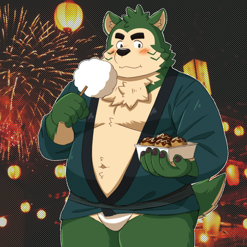 anthro asian_clothing belly candy canid canine canis clothing cotton_candy dessert domestic_dog east_asian_clothing eyebrows festival food fundoshi fur green_body green_fur happi_(clothing) hi_res japanese_clothing lifewonders live_a_hero male mammal mokdai navel overweight solo takoyaki thick_eyebrows underwear yaki_atsuage