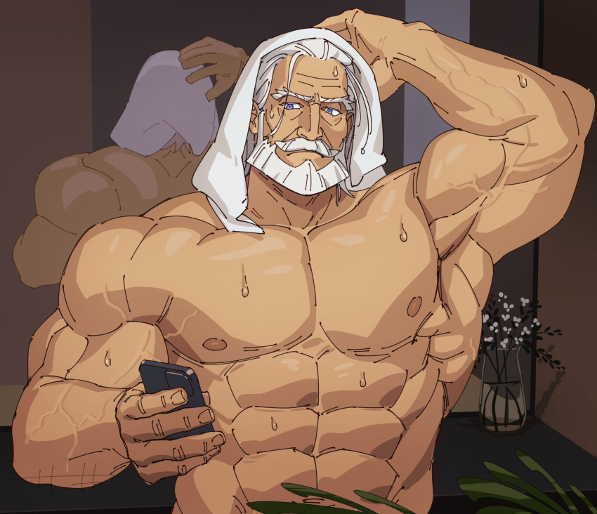 1boy abs bara beard blue_eyes cellphone facial_hair highres holding holding_phone jp_(street_fighter) large_pectorals long_hair male_focus mature_male muscular muscular_male mustache pectorals phone plant potted_plant reflection sa1k0p smartphone solo street_fighter street_fighter_6 sweat thick_eyebrows thick_mustache topless_male towel towel_on_head veins white_hair