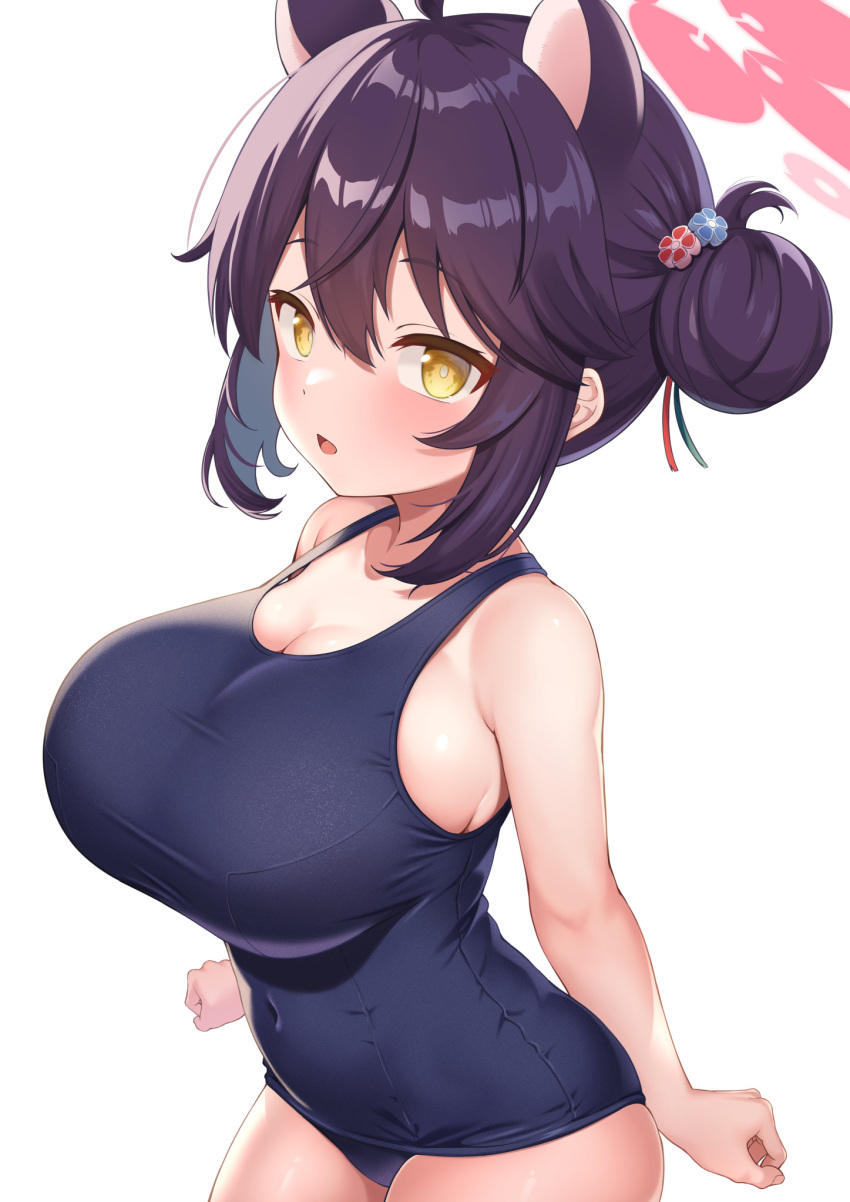 1girl alternate_costume animal_ears ass bare_arms bare_shoulders black_hair blue_archive blue_one-piece_swimsuit blush breasts commentary_request cowboy_shot extra_ears from_side hair_bun halo highres huge_breasts impossible_clothes impossible_swimsuit kaede_(blue_archive) looking_at_viewer looking_to_the_side one-piece_swimsuit open_mouth pink_halo school_swimsuit simple_background single_side_bun smile solo sonao swimsuit white_background yellow_eyes
