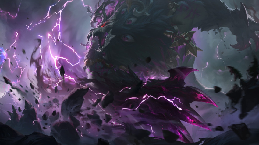 bear claws extra_eyes giant glowing glowing_eyes highres league_of_legends legends_of_runeterra lightning official_art outdoors pink_eyes red_eyes runes storm sword tattoo the_thousand-pierced_bear tree volibear weapon