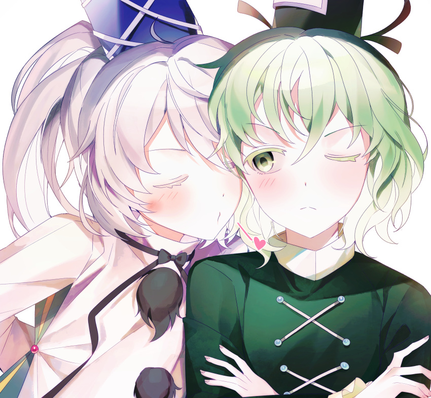 2girls absurdres black_bow black_bowtie black_headwear blue_headwear blush bow bowtie closed_eyes closed_mouth commentary_request cross-laced_clothes crossed_arms dress frilled_sleeves frills frown green_dress green_eyes green_hair hair_between_eyes hat heart highres j_(ppxx3543) japanese_clothes kariginu long_bangs long_hair long_sleeves looking_at_another looking_to_the_side mononobe_no_futo multiple_girls ofuda ofuda_on_clothes one_eye_closed pom_pom_(clothes) ponytail short_hair simple_background soga_no_tojiko tate_eboshi touhou upper_body white_background white_hair yuri