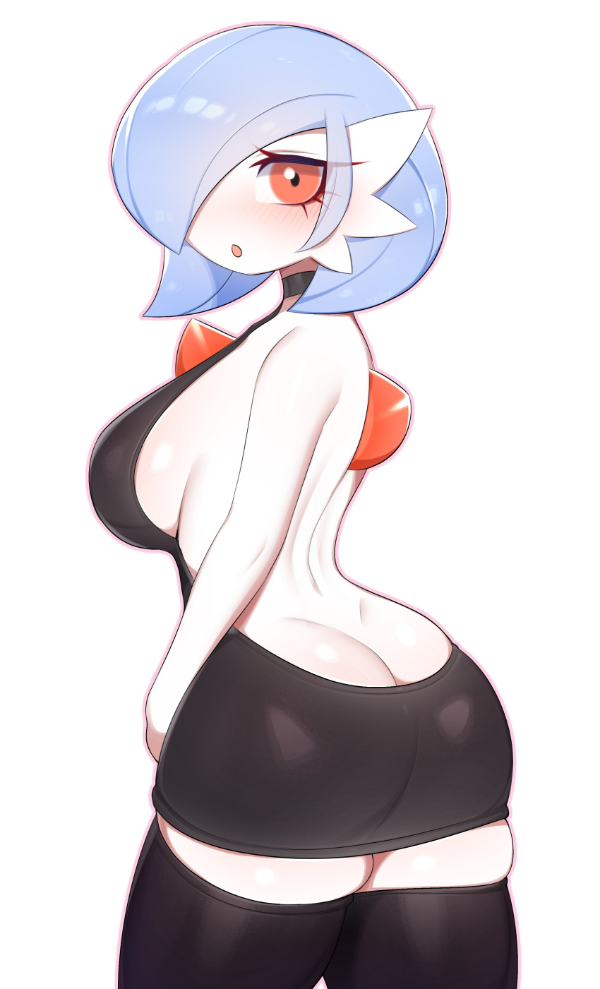 absurd_res blue_hair breasts butt clothed clothing female galutine gardevoir generation_3_pokemon hair hi_res humanoid looking_at_viewer nintendo not_furry pokemon pokemon_(species) red_eyes simple_background solo white_body